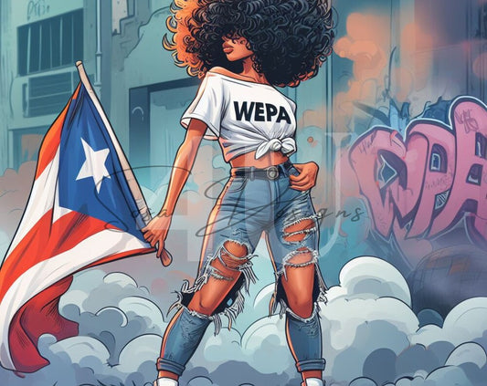 DIGITAL FILE Afro Latina with Puerto Rican flag